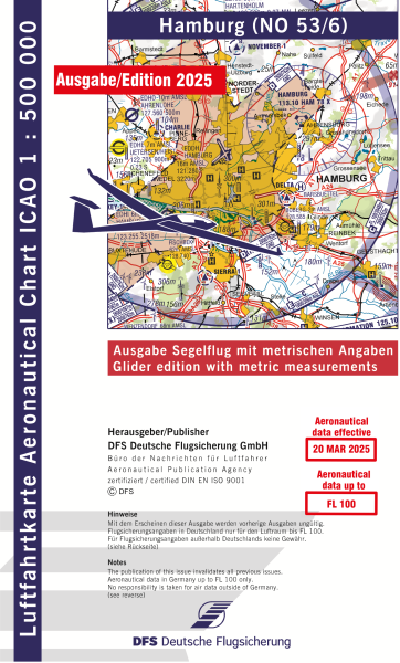 ICAO Karte 2025 Hamburg Segelflug, Papier, gefalzt, 1:500.000