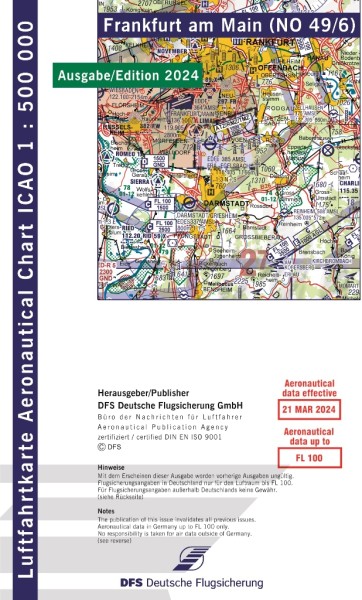 ICAO Karte 2024 Frankfurt Motorflug, Papier, gefalzt, 1:500.000