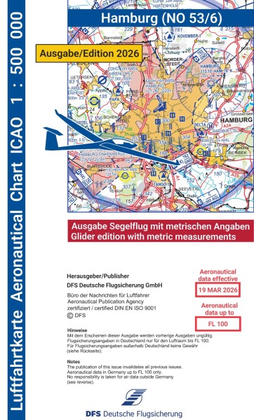 ICAO Karte 2026 Hamburg Segelflug, Papier, gefalzt, 1:500.000