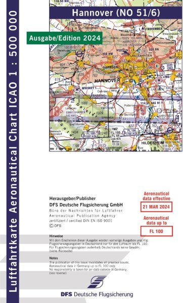 ICAO Karte 2024 Hannover Motorflug, Papier, gefalzt, 1:500.000