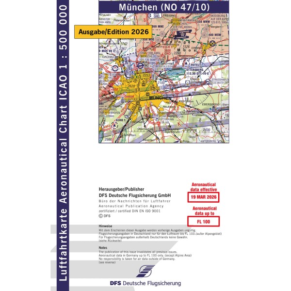 ICAO Karte 2026 München Motorflug, Papier mit Folie, gefalzt, 1:500.000 mit Nachttiefflugstrecken