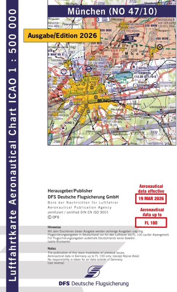 ICAO Karte 2026 München Motorflug, Papier, gefalzt, 1:500.000