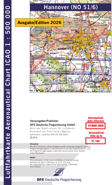 ICAO Karte 2026 Hannover Motorflug, Papier mit Folie, gefalzt, 1:500.000