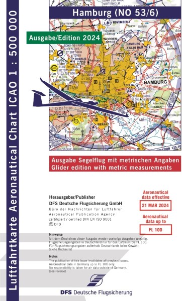 ICAO Karte 2024 Hamburg Segelflug, Papier mit Folie, gefalzt, 1:500.000