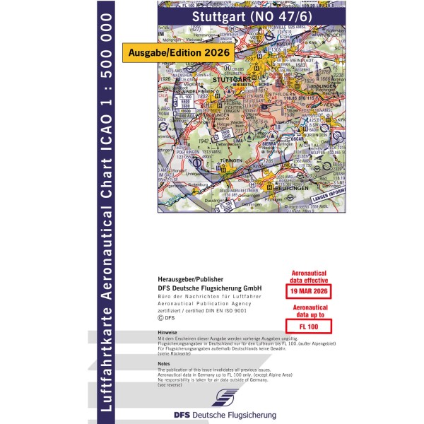 ICAO Karte 2026 Stuttgart Motorflug, Papier mit Folie, gefalzt, 1:500.000 mit Nachttiefflugstrecken
