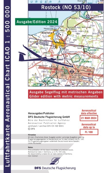 ICAO Karte 2024 Rostock Segelflug, Papier, gefalzt, 1:500.000