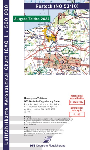 ICAO Karte 2024 Rostock Motorflug, Papier, gefalzt, 1:500.000