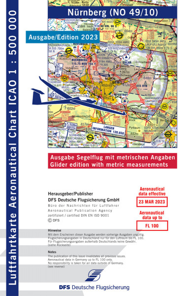 ICAO Karte 2023 Nürnberg Segelflug, Papier, gefalzt, 1:500.000
