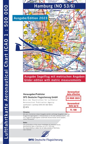 ICAO Karte 2023 Hamburg Segelflug, Papier, gefalzt, 1:500.000