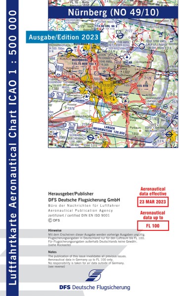 ICAO Karte 2023 Nürnberg, Motorflug, Papier, gefalzt, 1:500.000