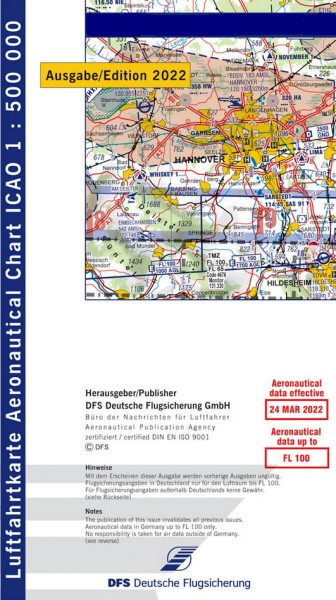 ICAO Karte 2022 Hamburg, Papier, gefalzt, 1:500.000