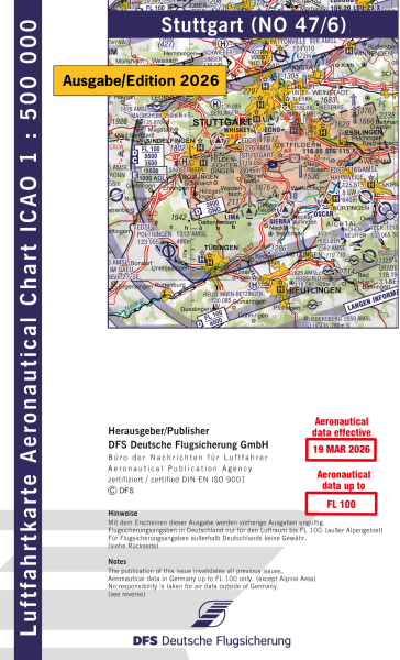ICAO Karte 2026 Stuttgart Motorflug, Papier, gefalzt, 1:500.000