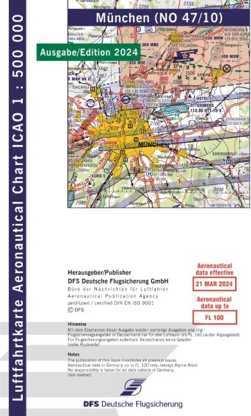 ICAO Karte 2024 München Motorflug, Papier mit Folie, gefalzt, 1:500.000