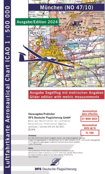 ICAO Karte 2024 München Segelflug, Papier, gefalzt, 1:500.000