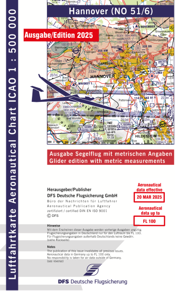 ICAO Karte 2025 Hannover Segelflug, Papier mit Folie, gefalzt, 1:500.000