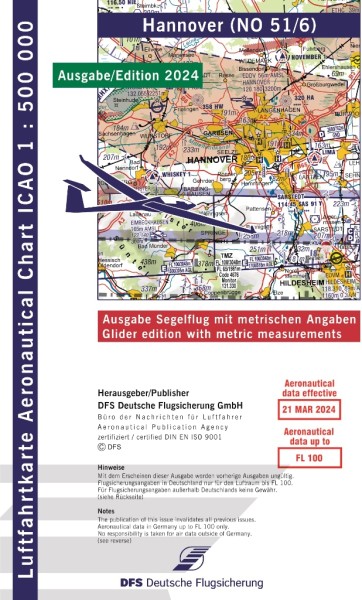 ICAO Karte 2024 Hannover Segelflug, Papier mit Folie, gefalzt, 1:500.000