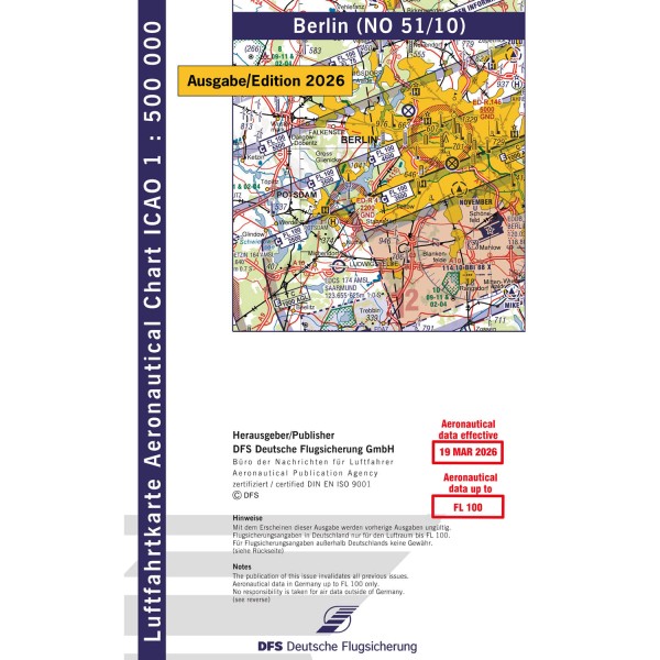 ICAO Karte 2026 Berlin Motorflug, Papier mit Folie, gefalzt, 1:500.000 mit Nachttiefflugstrecken