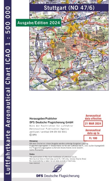 ICAO Karte 2024 Stuttgart Motorflug, Papier mit Folie, gefalzt, 1:500.000