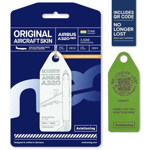 Aviationtag - Airbus A320neo - VT-WJC - weiß mit QR Code