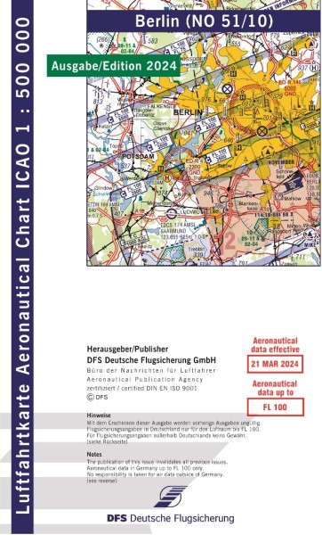 ICAO Karte 2024 Berlin Motorflug, Papier mit Folie, gefalzt, 1:500.000