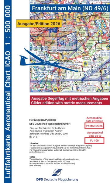 ICAO Karte 2026 Frankfurt Segelflug, Papier, gefalzt, 1:500.000