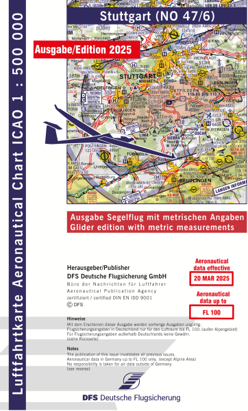 ICAO Karte 2025 Stuttgart Segelflug, Papier mit Folie, gefalzt, 1:500.000