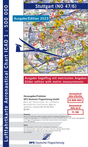 ICAO Karte 2023 Stuttgart Segelflug, Papier, gefalzt, 1:500.000