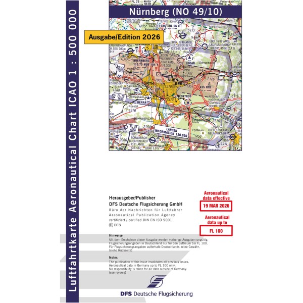 ICAO Karte 2026 Nürnberg Motorflug, Papier mit Folie, gefalzt, 1:500.000 mit Nachttiefflugstrecken