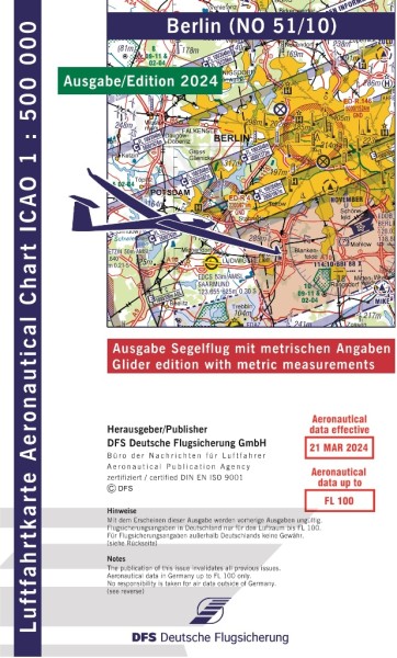ICAO Karte 2024 Berlin Segelflug, Papier mit Folie, gefalzt, 1:500.000