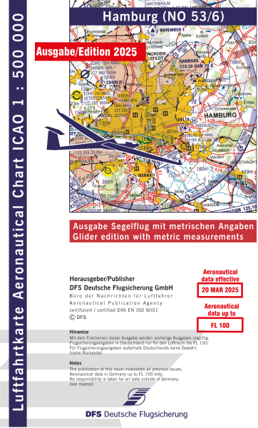 ICAO Karte 2025 Hamburg Segelflug, Papier mit Folie, gefalzt, 1:500.000