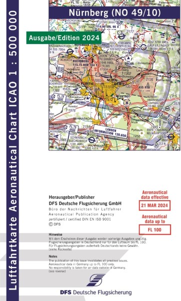 ICAO Karte 2024 Nürnberg Motorflug, Papier, gefalzt, 1:500.000