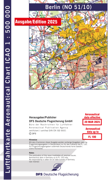 ICAO Karte 2025 Berlin Motorflug, Papier mit Folie, gefalzt, 1:500.000