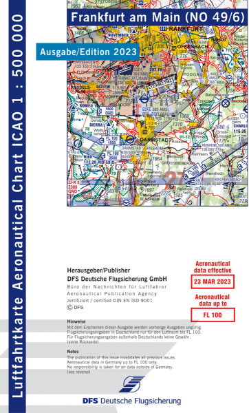 ICAO Karte 2023 Frankfurt, Motorflug, Papier, gefalzt, 1:500.000