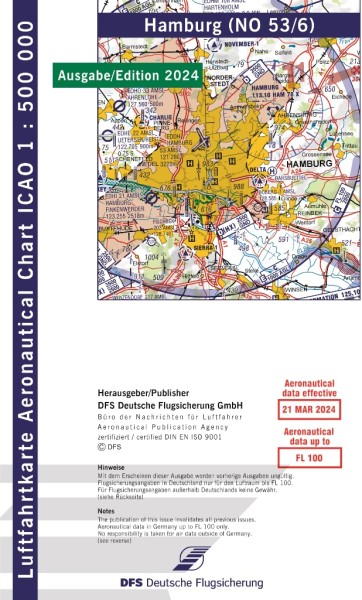 ICAO Karte 2024 Hamburg Motorflug, Papier mit Folie, gefalzt, 1:500.000