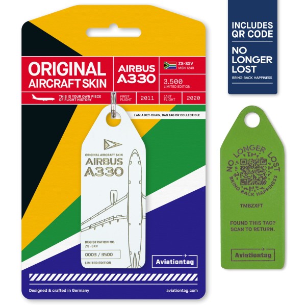 Aviationtag - Airbus A330 - ZS-SXV -weiß mit QR Code
