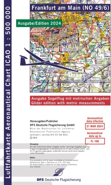 ICAO Karte 2024 Frankfurt Segelflug, Papier, gefalzt, 1:500.000
