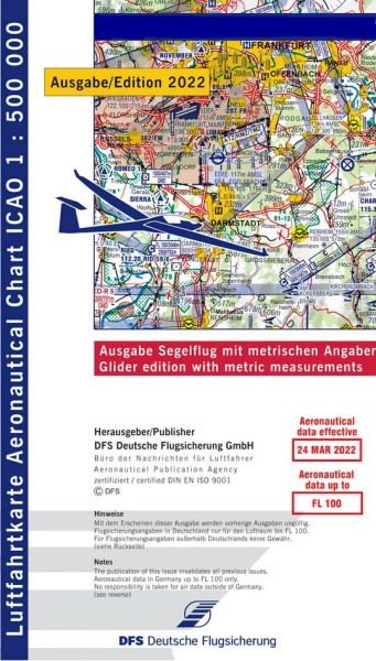 ICAO Karte 2022 Stuttgart Segelflug, Papier, gefalzt, 1:500.000