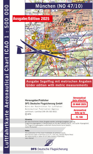 ICAO Karte 2025 München Segelflug, Papier mit Folie, gefalzt, 1:500.000