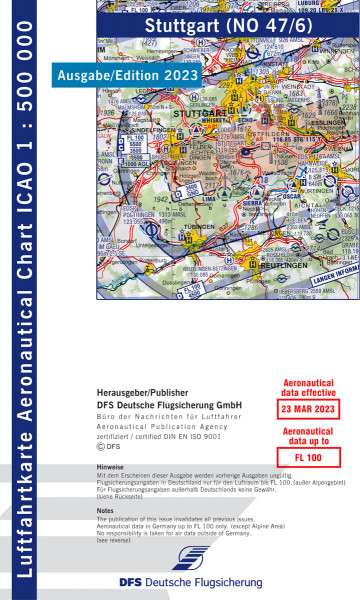 ICAO Karte 2023 Stuttgart, Motorflug, Papier, gefalzt, 1:500.000