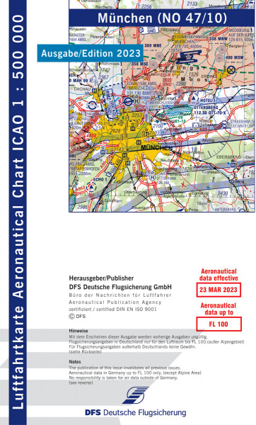 ICAO Karte 2023 München, Motorflug, Papier, gefalzt, 1:500.000