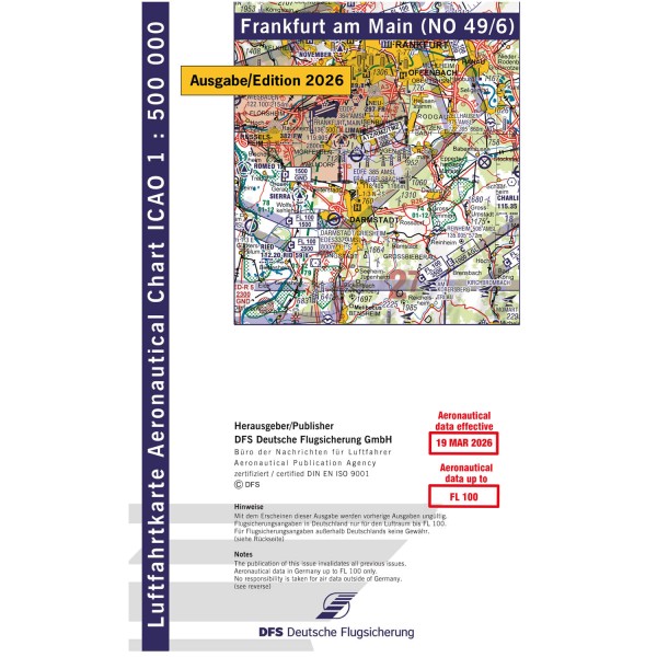 ICAO Karte 2026 Frankfurt Motorflug, Papier mit Folie, gefalzt, 1:500.000 mit Nachttiefflugstrecken