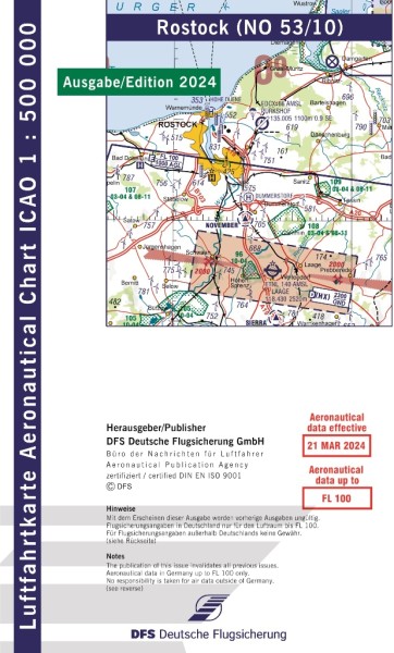 ICAO Karte 2024 Rostock Motorflug, Papier mit Folie, gefalzt, 1:500.000
