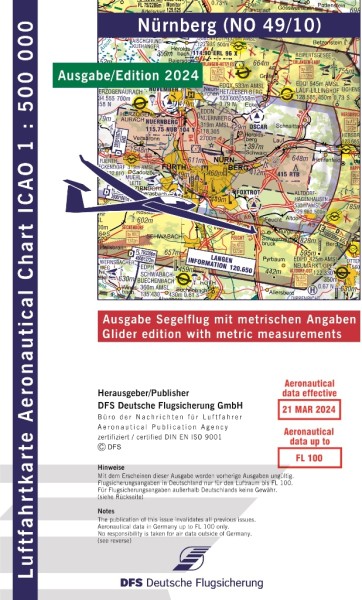 ICAO Karte 2024 Nürnberg Segelflug, Papier, gefalzt, 1:500.000
