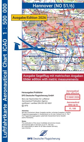 ICAO Karte 2026 Hannover Segelflug, Papier, gefalzt, 1:500.000