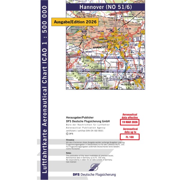 ICAO Karte 2026 Hannover Motorflug, Papier mit Folie, gefalzt, 1:500.000 mit Nachttiefflugstrecken