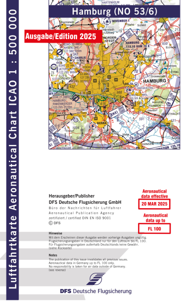 ICAO Karte 2025 Hamburg Motorflug, Papier mit Folie, gefalzt, 1:500.000