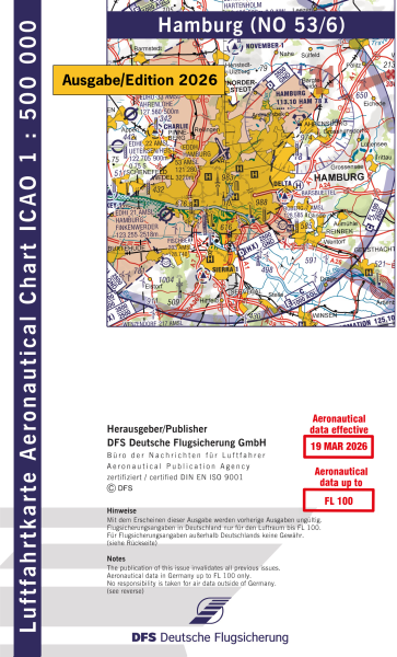 ICAO Karte 2026 Hamburg Motorflug, Papier mit Folie, gefalzt, 1:500.000