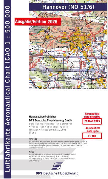 ICAO Karte 2025 Hannover Motorflug, Papier mit Folie, gefalzt, 1:500.000