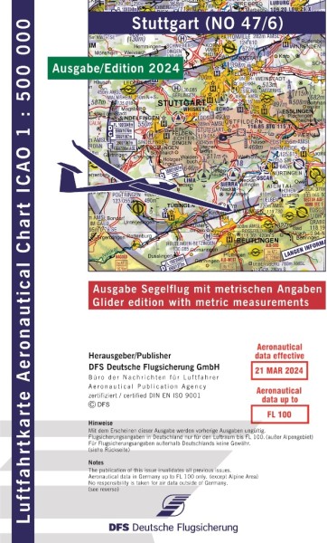 ICAO Karte 2024 Stuttgart Segelflug, Papier mit Folie, gefalzt, 1:500.000