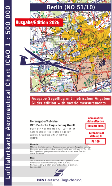 ICAO Karte 2025 Berlin Segelflug, Papier mit Folie, gefalzt, 1:500.000